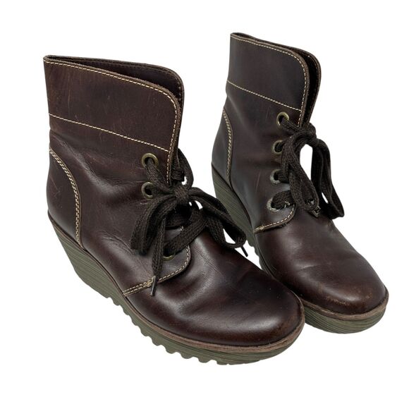Fly London Dark Brown Leather Lace Up Yip Ruched Ankle Wedge Boots Size 39 -8/5 - Picture 1 of 8